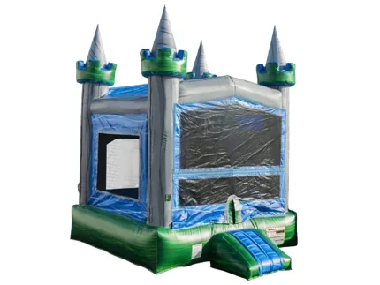 Castle-themed inflatable bounce house with turrets, vibrant blue and green design, perfect for kids' events. Buy affordable, high-quality online today!