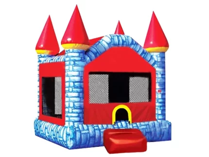 Colorful castle-themed bounce house with red turrets, blue stone pattern, mesh sides, and entry step. Perfect for kids' events. Buy online today!