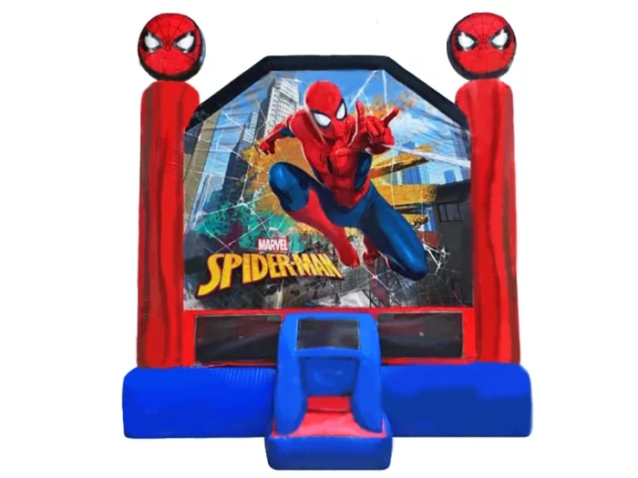 Spider-Man bounce house with vibrant Marvel design, mesh sides, and entry ramp. Ideal for kids' events. Buy affordable online today!
