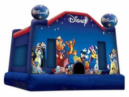 Disney-themed bounce house with colorful characters, mesh sides, and spacious design. Perfect for kids' parties. Buy online for affordable prices!