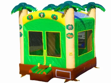 Jungle-themed bounce house with palm trees, vibrant green and yellow design, animal graphics, and entry step. Perfect for parties. Buy online now!