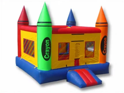 Colorful crayon-themed bounce house with red, green, blue, and orange pillars, mesh sides, and entry step. Great for kids' events. Buy online today!
