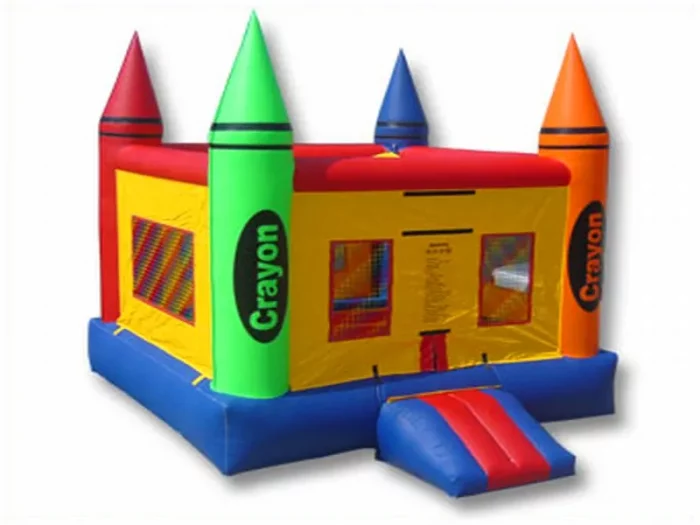 Colorful crayon-themed bounce house with red, green, blue, and orange pillars, mesh sides, and entry step. Great for kids' events. Buy online today!