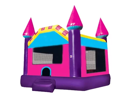 Pink and purple castle-themed bounce house with vibrant turrets, mesh sides, and entry step. Perfect for parties. Buy affordable bounce houses online!