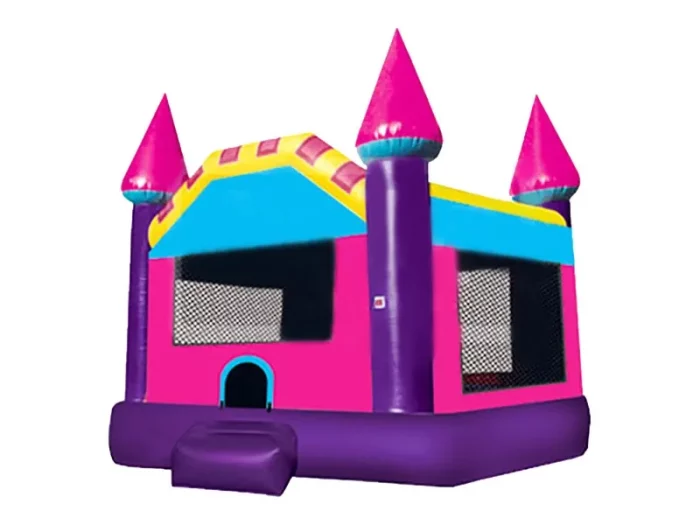 Pink and purple castle-themed bounce house with vibrant turrets, mesh sides, and entry step. Perfect for parties. Buy affordable bounce houses online!