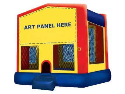Red, yellow, and blue bounce house with customizable art panel, mesh sides, and entry step. Ideal for events. Buy high-quality bounce houses online!