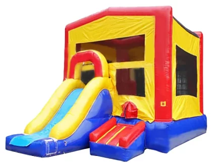 Red, yellow, and blue bounce house with attached slide and entry step. Fun and durable for kids' parties. Buy this affordable bounce house online today!