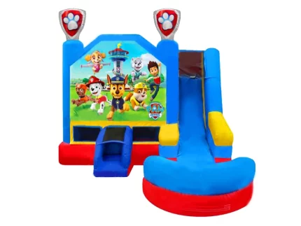 Paw Patrol bounce house with slide, colorful design featuring characters, and splash pool. Perfect for kids' parties. Buy online at affordable prices!