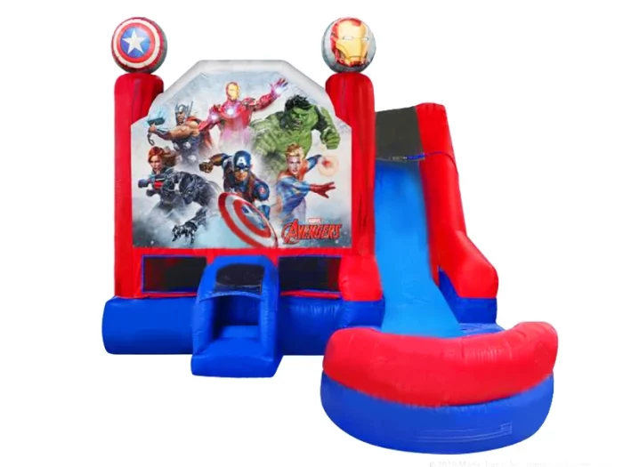 Avengers-themed bounce house with slide, colorful Marvel design, and splash pool. Perfect for kids' parties. Buy affordable online today!