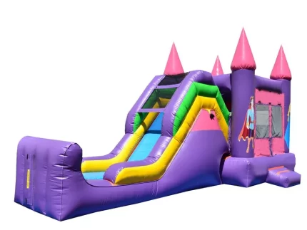 Purple and pink castle-themed bounce house with tall slide, mesh sides, and vibrant design. Perfect for kids' events. Buy online for fun-filled parties!