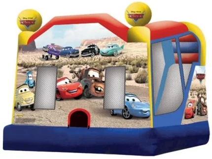 Cars-themed bounce house with colorful design, attached slide, and mesh sides. Perfect for kids' parties and events. Buy this fun bounce house online!