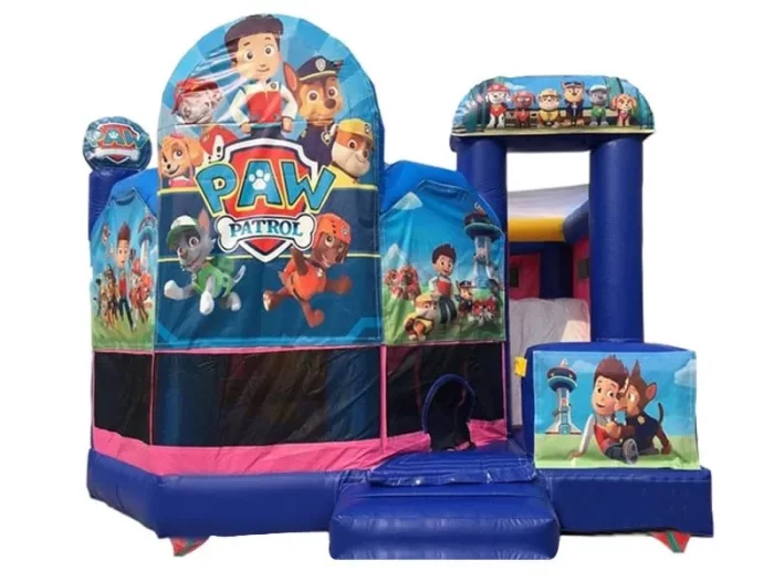 Paw Patrol-themed bounce house with vibrant graphics, slide, and entry step. Perfect for kids' parties. Buy this fun, high-quality bounce house online!