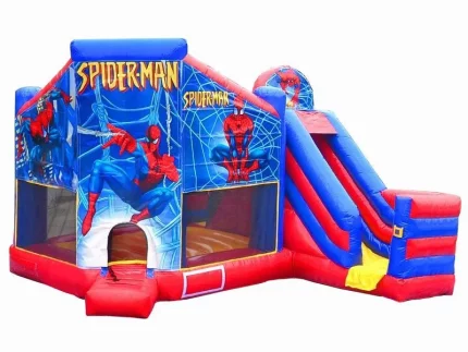 Spider-Man-themed bounce house with vibrant graphics, attached slide, and mesh sides. Perfect for superhero fans. Buy this exciting bounce house online!