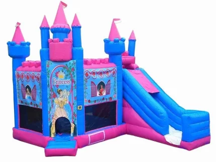Princess castle-themed bounce house in pink and blue with turrets, detailed graphics, and slide. Perfect for parties. Buy this magical bounce house online!