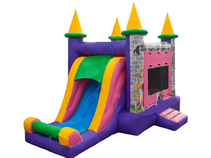 Colorful princess castle bounce house with slide, vibrant design, and medieval details. Perfect for kids' parties. Buy online at an affordable price!