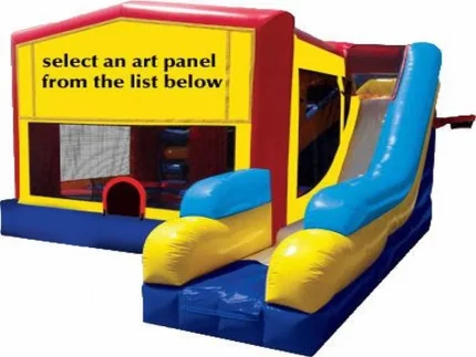 Customizable bounce house with yellow, red, and blue design, attached slide, and art panel option. Perfect for any event. Buy online today!