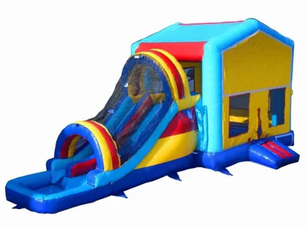 Colorful bounce house with an attached curved water slide, pool area, and mesh sides. Perfect for summer events. Buy this high-quality bounce house online!