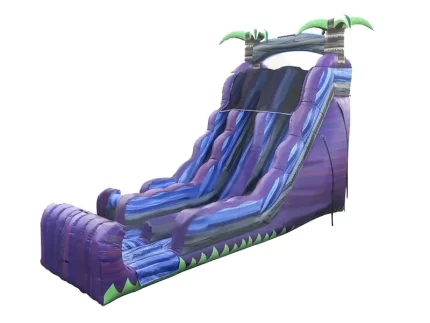 Tall purple tropical-themed inflatable water slide with palm trees and a splash pool. Perfect for summer fun. Buy this exciting slide online today!