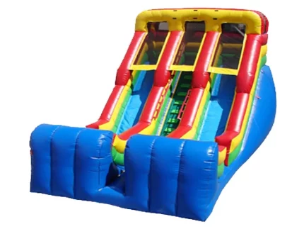 Colorful dual-lane inflatable slide with climbing section and vibrant design. Perfect for parties and events. Buy this fun inflatable slide online today!