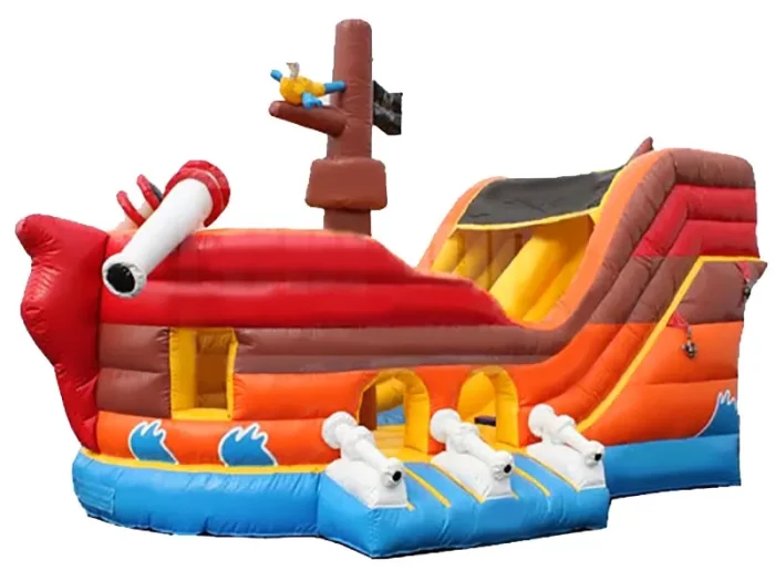 Pirate ship-themed inflatable with slide, cannons, and vibrant red, orange, and blue design. Perfect for adventurous parties. Buy online today!