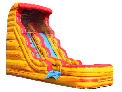 Inflatable water slide with vibrant fire-themed design, splash pool, and tall slide. Perfect for summer events. Buy affordable online today!