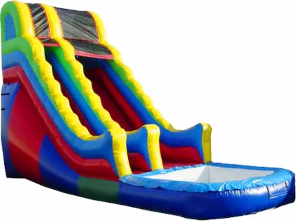 Colorful inflatable water slide with dual lanes, splash pool, and vibrant design. Perfect for summer parties. Buy high-quality slides online now!