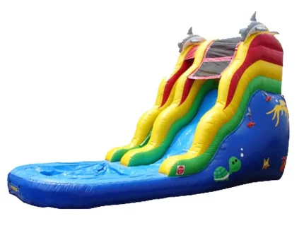 Ocean-themed inflatable water slide with bright colors, dolphin accents, and attached pool. Perfect for summer parties. Buy this fun slide online today!