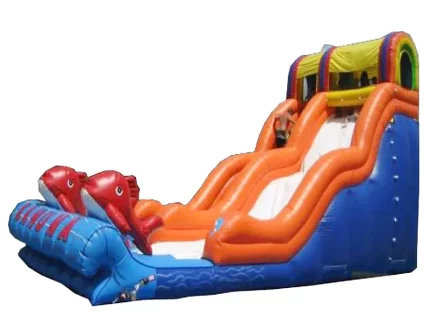 Bright inflatable water slide with orange design, dolphin accents, and attached splash pool. Perfect for summer fun. Buy this exciting slide online!