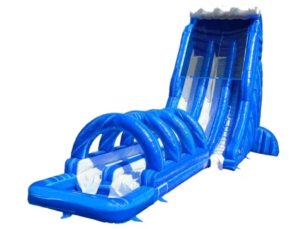Massive blue inflatable water slide with wave design, tunnel arches, and splash pool. Perfect for thrill-filled summer events. Buy online today!