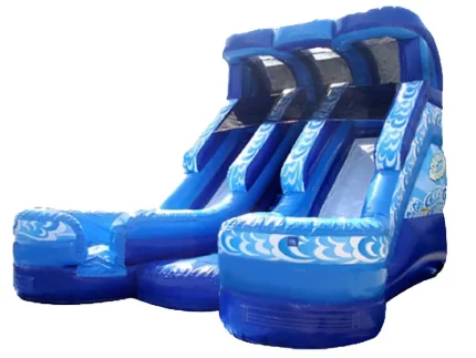 Dual-lane blue inflatable water slide with wave design and splash pool. Perfect for double the fun at summer events. Buy this slide online today!