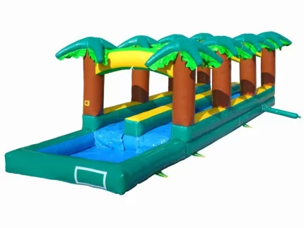 Tropical-themed inflatable slip-and-slide with palm trees and splash pool. Perfect for summer fun and outdoor events. Buy this slide online today!