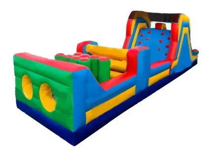 Colorful inflatable obstacle course with climbing wall, tunnels, and pop-ups. Perfect for competitive fun at events. Buy this exciting course online today!