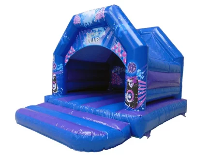 Blue disco-themed bounce house with speaker graphics and spacious design. Perfect for parties and events. Buy high-quality inflatables online now!