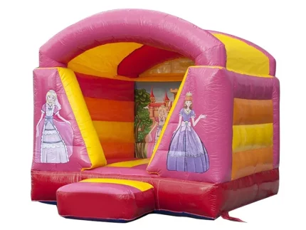 Princess-themed bounce house with vibrant pink and yellow design, castle backdrop, and spacious play area. Perfect for parties. Buy online now!