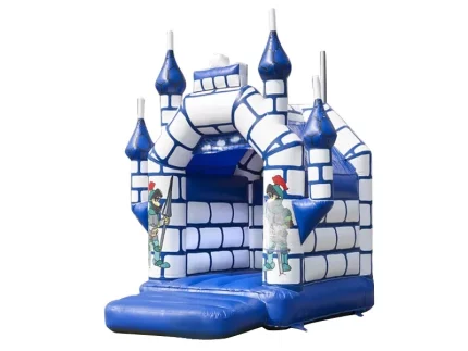 Knight castle-themed bounce house with blue and white brick design, turrets, and medieval knight graphics. Perfect for events. Buy online today!
