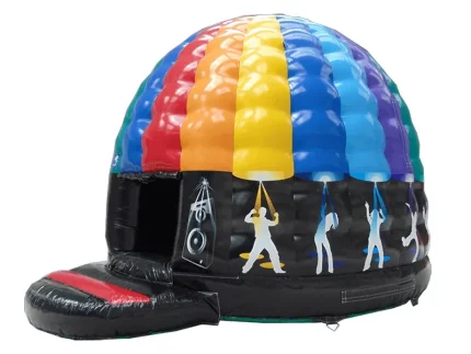 Colorful disco dome bounce house with vibrant lights, dancing graphics, and spacious interior. Perfect for parties. Buy online at great prices!