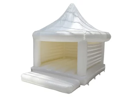 Elegant white inflatable bounce house with a canopy design, perfect for weddings, parties, and events. Durable and stylish. Buy online today!