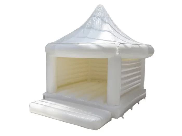 Elegant white inflatable bounce house with a canopy design, perfect for weddings, parties, and events. Durable and stylish. Buy online today!