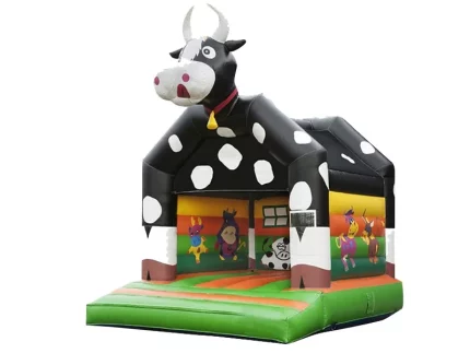 Farm-themed bounce house with a cow design, colorful animal graphics, and spacious play area. Perfect for kids' parties. Buy online now!