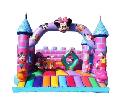 Disney-themed inflatable bounce house with colorful castle design, featuring Minnie Mouse and friends. Perfect for kids' parties. Buy online today!