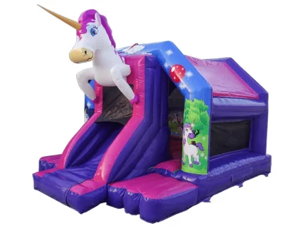 Unicorn-themed bounce house with slide, vibrant pink and purple design, and magical details. Perfect for kids' parties. Buy online today!