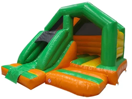 Green and orange bounce house with slide, vibrant design, and spacious play area. Perfect for kids' parties and events. Buy online now!
