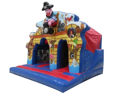Pirate-themed inflatable bounce house with ship design, vibrant graphics, and spacious play area. Perfect for kids' parties. Buy online today!