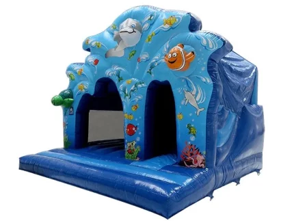 Underwater-themed inflatable bounce house with vibrant sea life designs, including dolphins and fish. Perfect for kids' parties. Buy online today!
