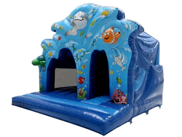 Underwater-themed inflatable bounce house with vibrant sea life designs, including dolphins and fish. Perfect for kids' parties. Buy online today!