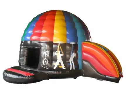 Colorful disco dome bounce house with music-themed graphics, dance floor, and slide. Perfect for parties and events. Buy online today!