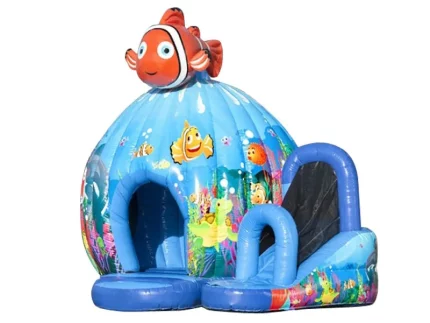 Ocean-themed inflatable bounce house with slide, clownfish design, and colorful sea life graphics. Perfect for kids' events. Buy online now!