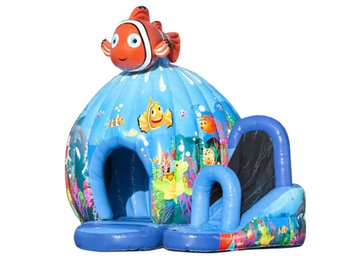 Ocean-themed inflatable bounce house with slide, clownfish design, and colorful sea life graphics. Perfect for kids' events. Buy online now!