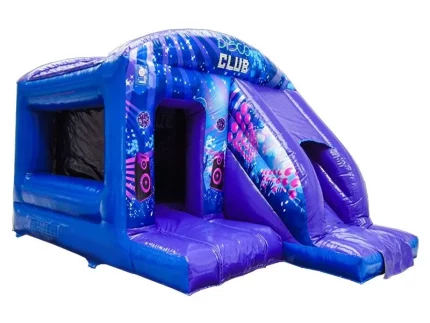 Disco-themed bounce house with slide, vibrant blue design, music graphics, and spacious interior. Perfect for parties. Buy online today!