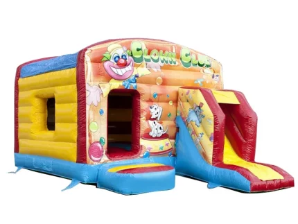Clown-themed inflatable bounce house with slide, vibrant circus graphics, and spacious design. Perfect for kids' parties. Buy online today!